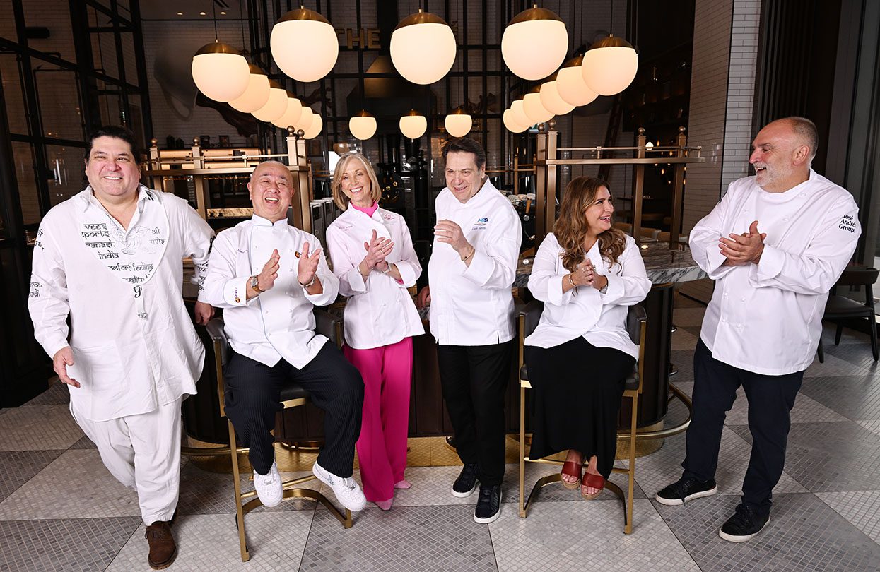 Chefs Gaston Acurio, Nobu Matsuhisa, Mich Turner, Costas Spiliadis, Ariana Bundy and José Andres at Atlantis The Royal, photo by Jeff Spicer, Getty Images for Atlantis The Royal