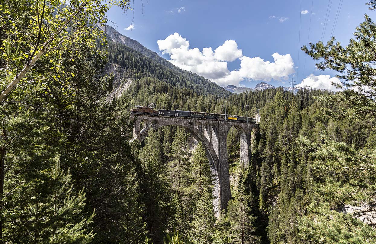 The views of Alpine forests when on the Historical Train over the Wiesen Viaduct, image by Rhaetian Railway