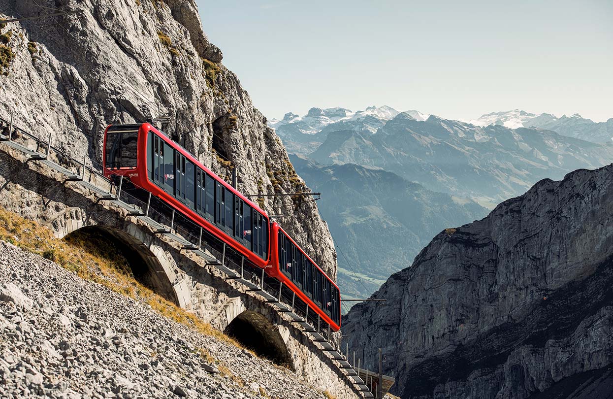 Board the steepest cogwheel railway in the world to reach the summit, copyright by Pilatus-Bahnen AG