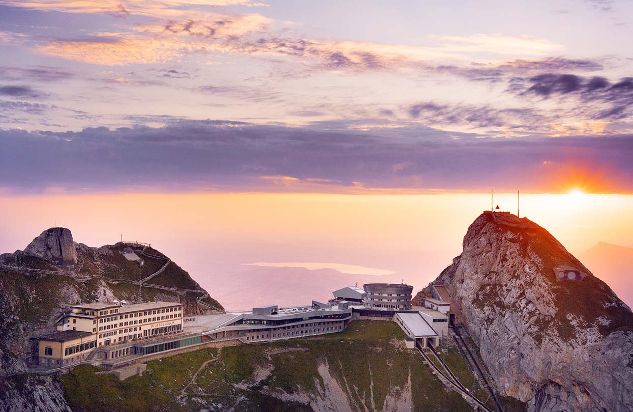 A sunrise with a view of the Pilatus Kulm Hotels, copyright by Pilatus-Bahnen AG