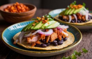 Panuchos de Cochinita Fried tortillas stuffed with black beans and topped with marinated pork pickled onions and avocado, image by Jack7_7 shutterstock