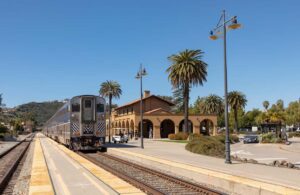 The Pacific Surfliner train at Santa Barbara station, image by travelview, Shutterstock