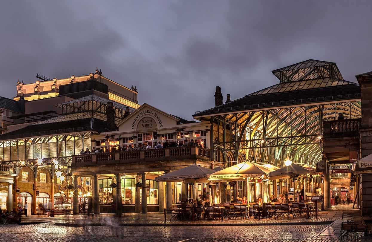 Covent Garden Piazza on a rainy night, image by Chris Lawrence Images, Shutterstock